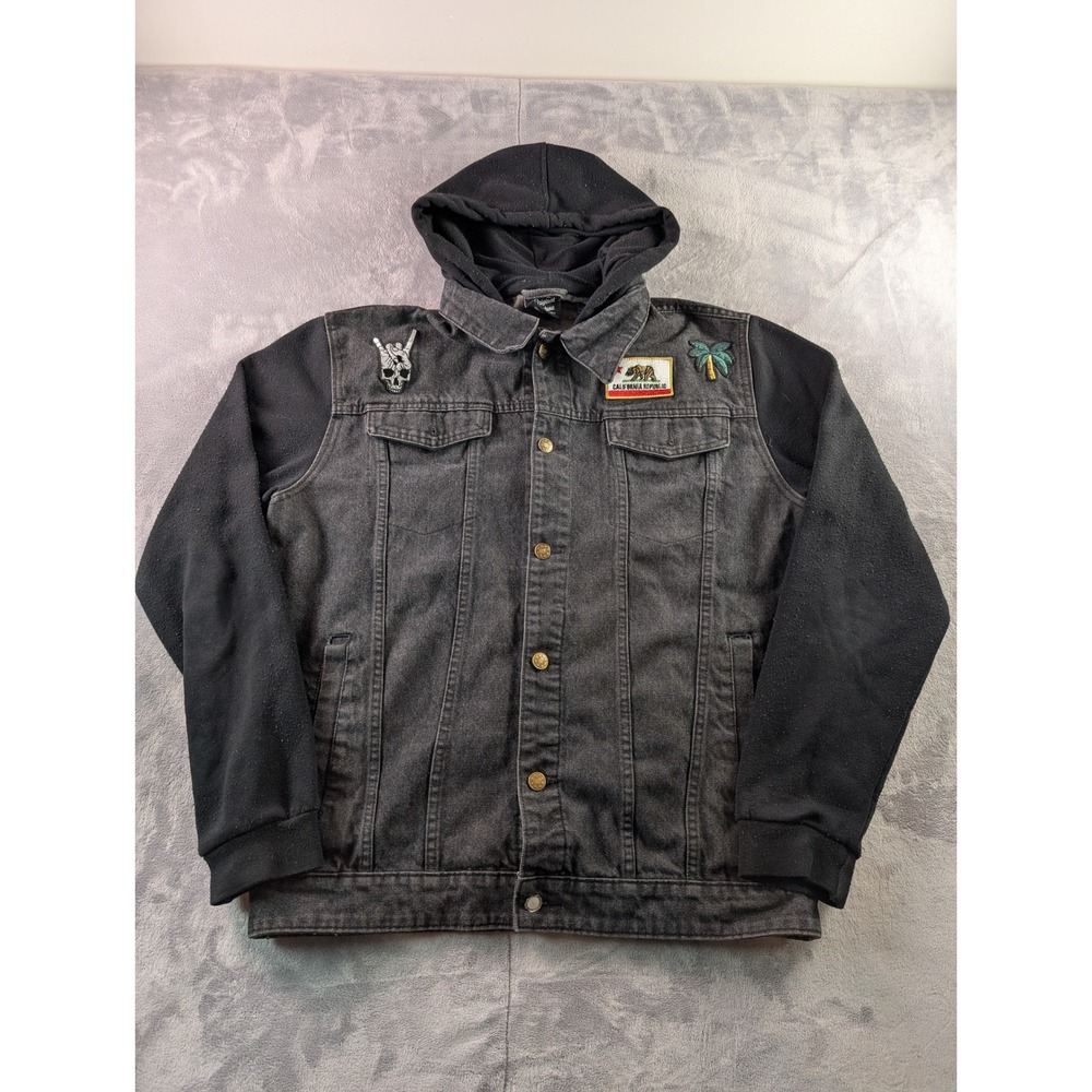 Original Deluxe Supply Mens Black Denim Hooded Jacket California Patches Large